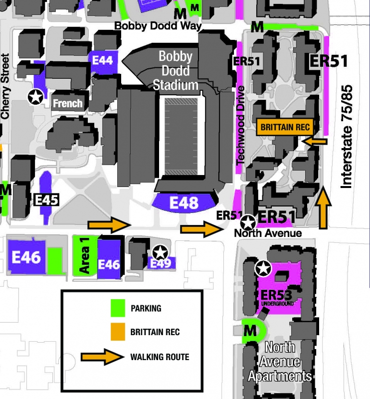 A Map describing how to go from the parking lot to Brittain Rec